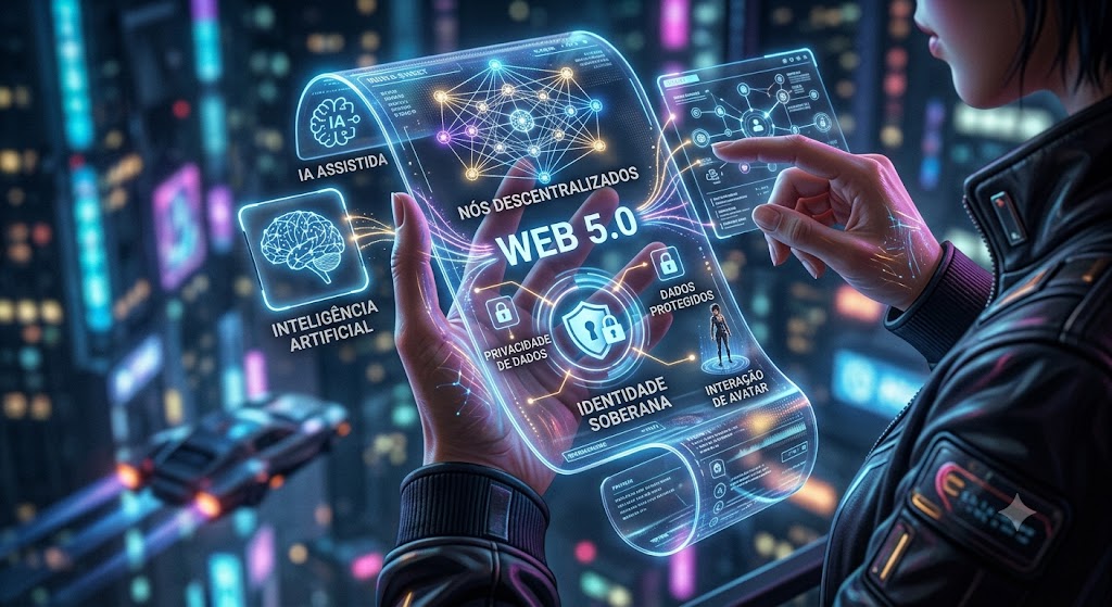 Ilustração futurista representando a Web 5.0 e a inteligência artificial