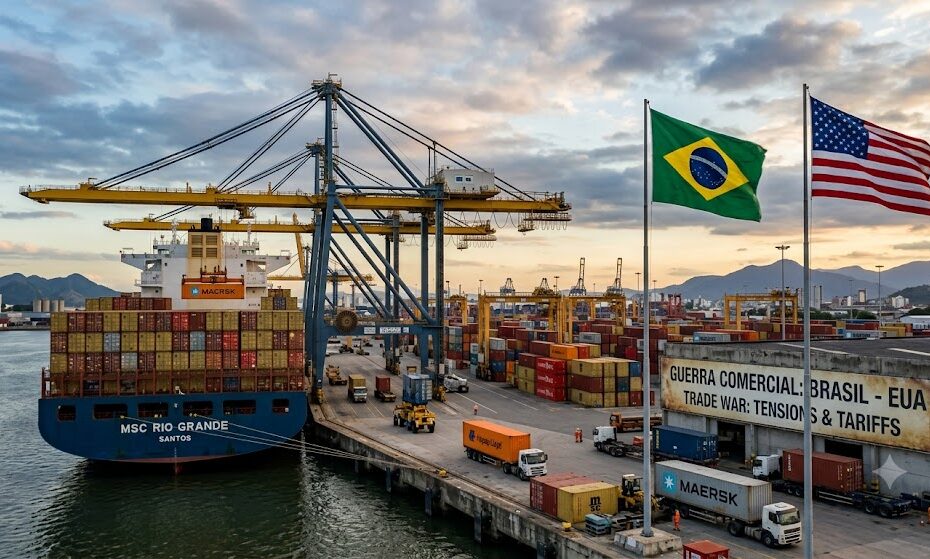 Navio cargueiro em porto com contêineres e as bandeiras do Brasil e dos Estados Unidos ao fundo, representando a guerra comercial.