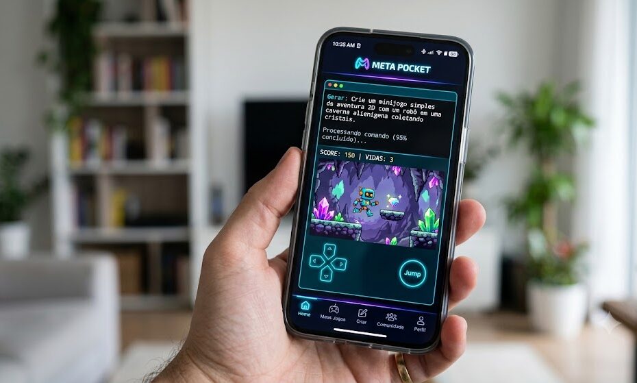 Smartphone exibindo a tela inicial do aplicativo Meta Pocket, com uma interface futurista e limpa, mostrando comandos de texto gerando um minijogo na tela.