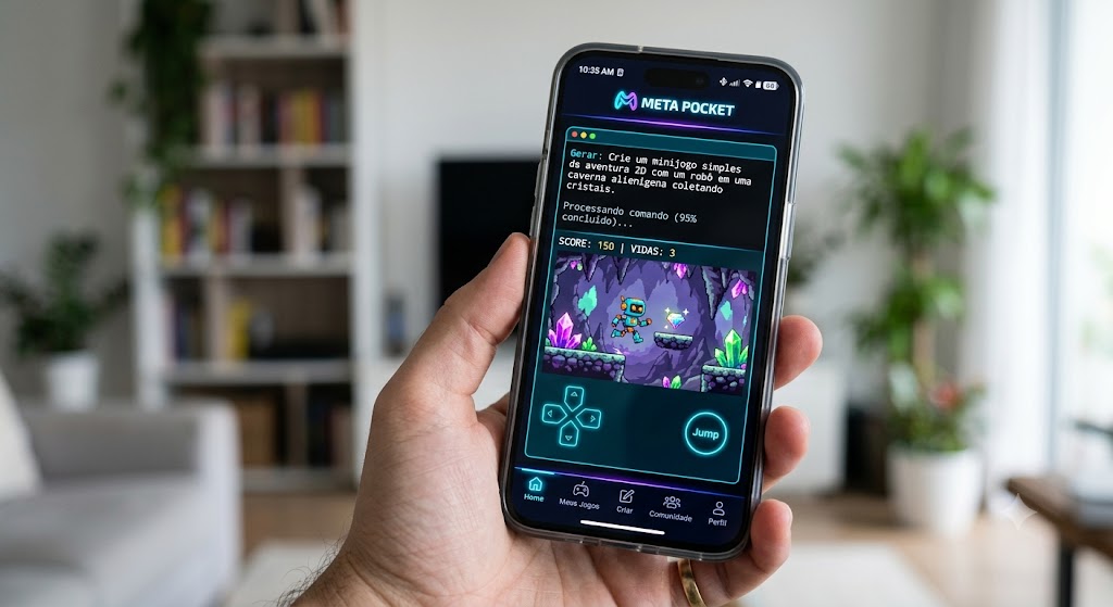 Smartphone exibindo a tela inicial do aplicativo Meta Pocket, com uma interface futurista e limpa, mostrando comandos de texto gerando um minijogo na tela.
